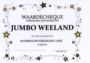 Waardecheque Vereniging Sponsoractie 2014